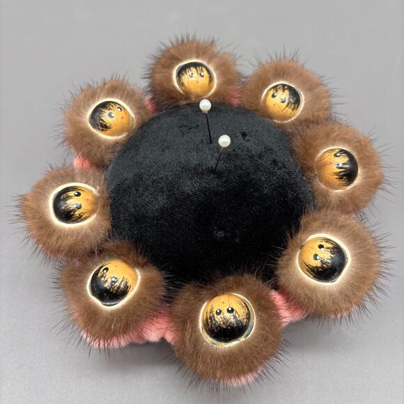 Vintage Pin Cushion Alaskan Inuit Blanket Toss Mid Century 8 Wood Faces Fur Trim - Picture 1 of 5